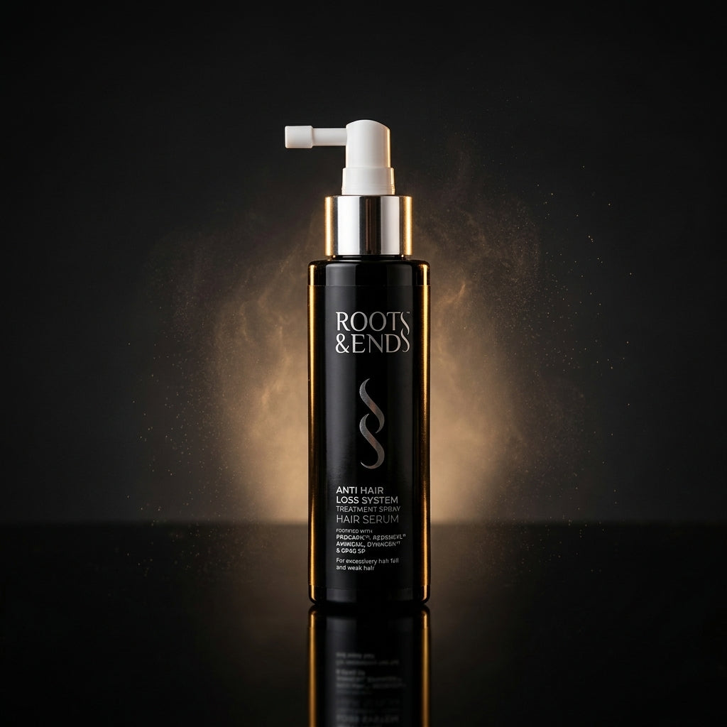 Roots & Ends Anti Hair Loss Spray 120 ml black bottle with golden glow