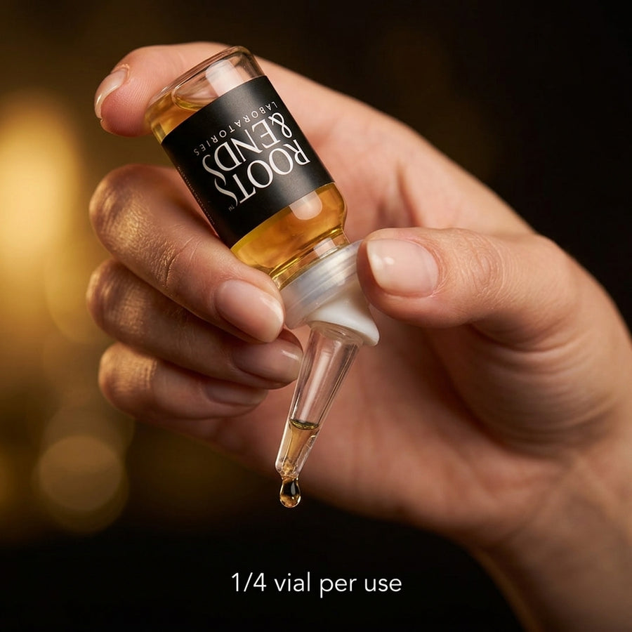 Hand holding a Roots & Ends dropper vial