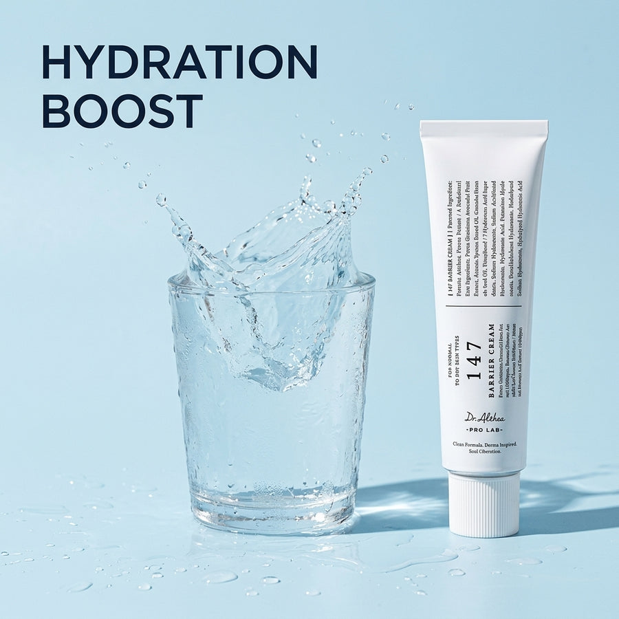 Dr. Althea 147 Barrier Cream مع كوب ماء وعنوان HYDRATION BOOST