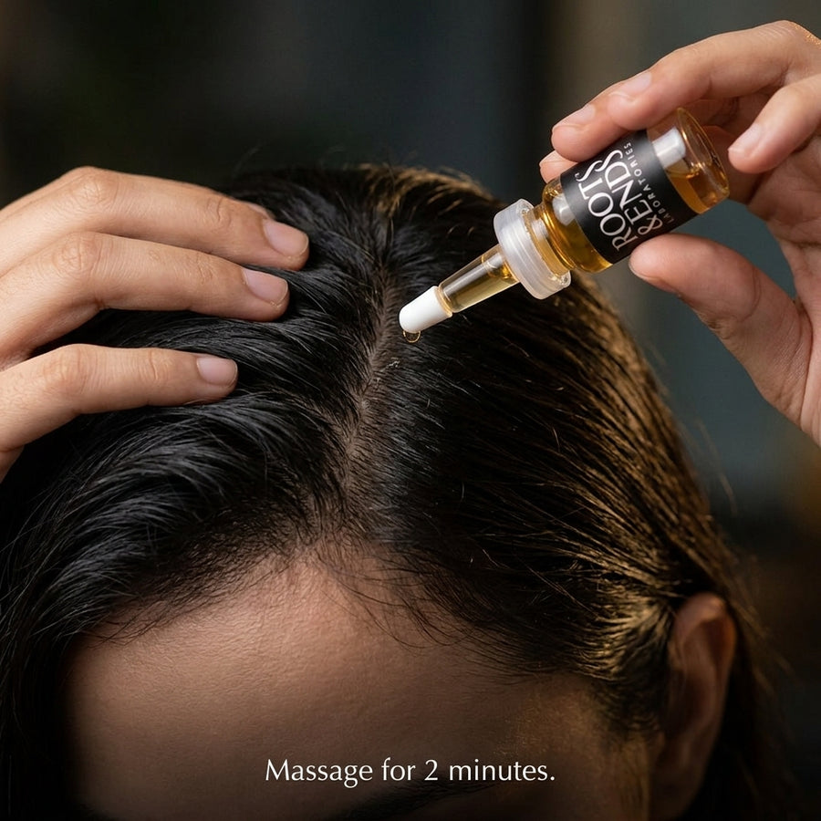 Applying Roots & Ends serum to the scalp at the hairline