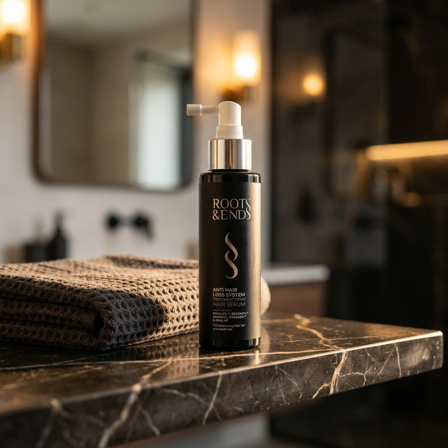 Roots & Ends spray on a dark marble bathroom shelf