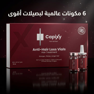 Un paquete de ampollas Capxi para el tratamiento de la caída del cabello con dos ampollas sobre una superficie reflectante