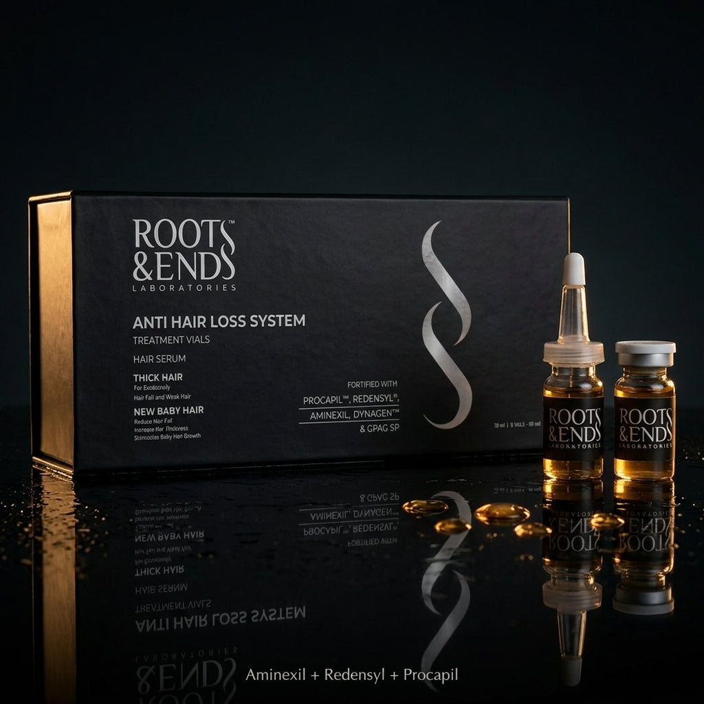 Roots & Ends Anti Hair Loss Serum box with two amber vials