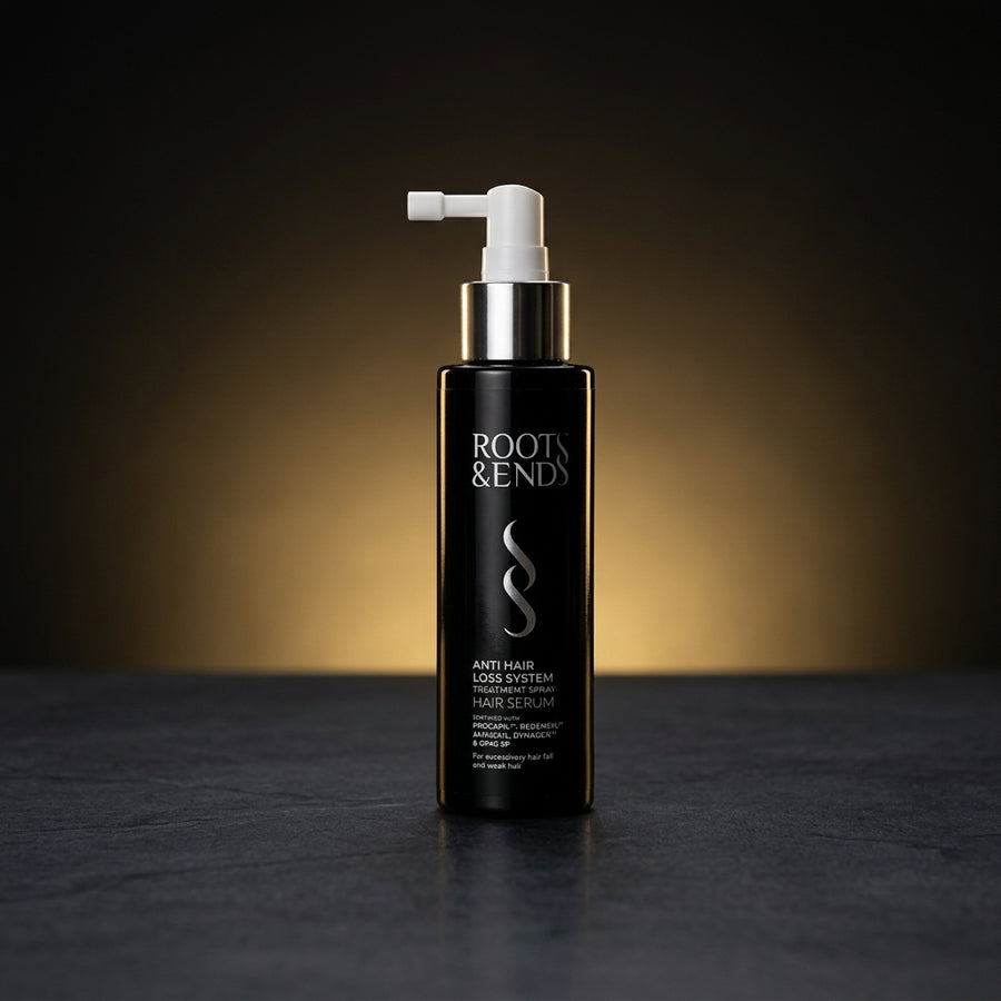 Roots & Ends spray bottle on a dark surface